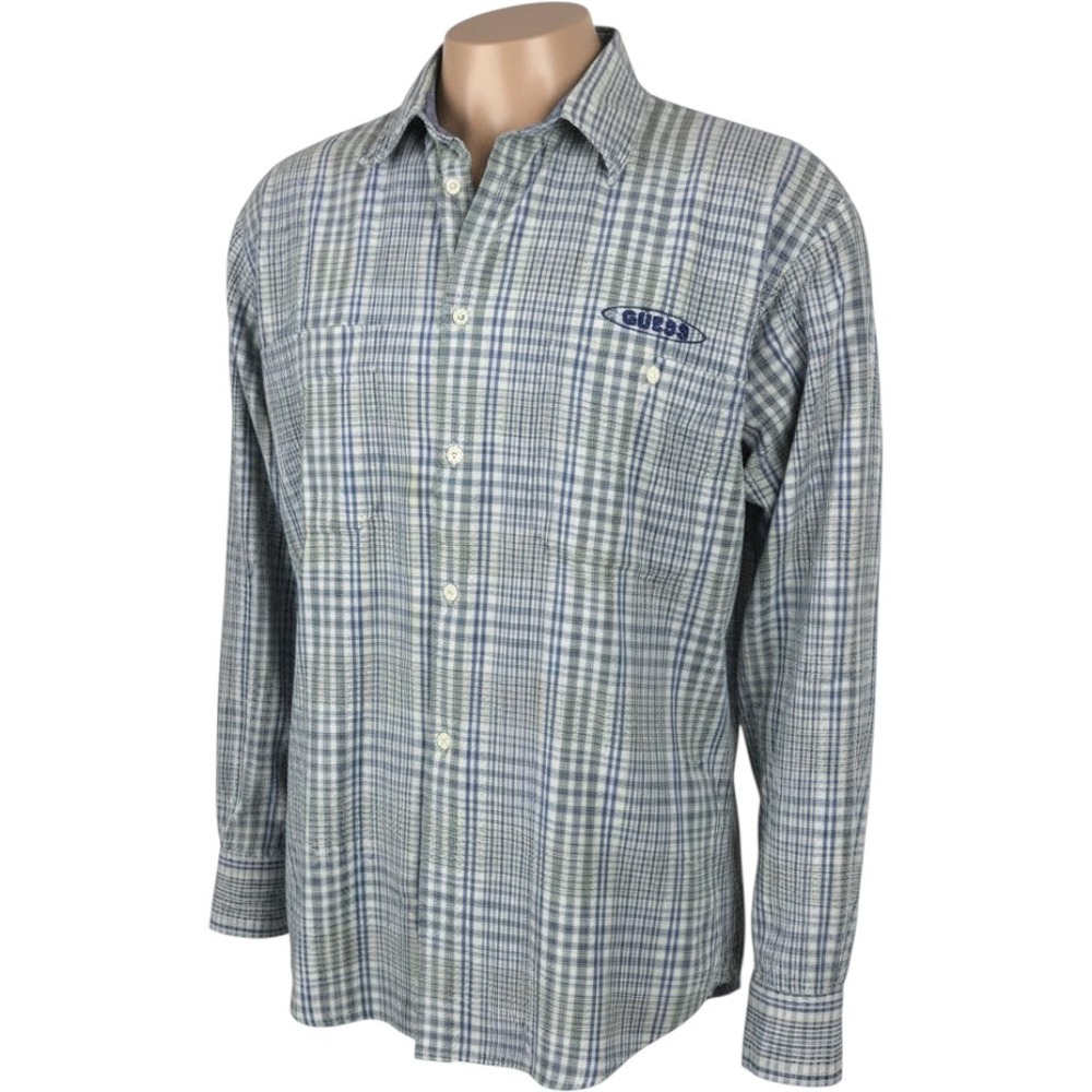 GUESS Jeans Flannel Shirt Mens L Plaid Check Long Sleeve‎ 90s Retro Vintage